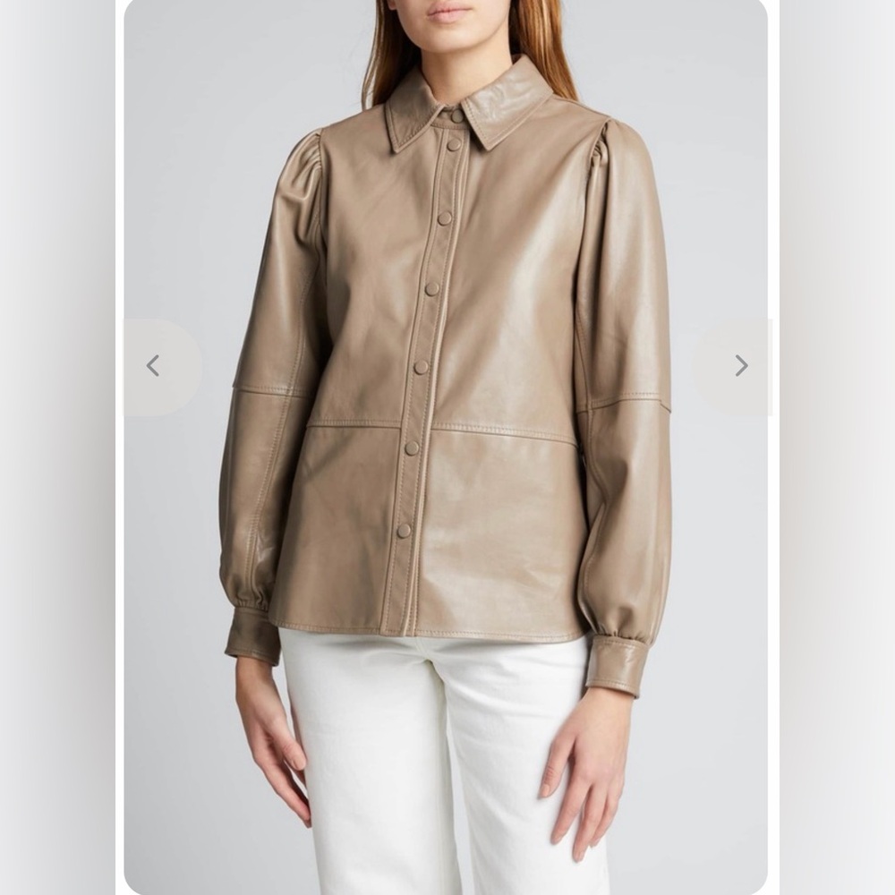 GANNI 100% Lamb Leather Shirt Jacket Taupe Brown Snap Front Size 34